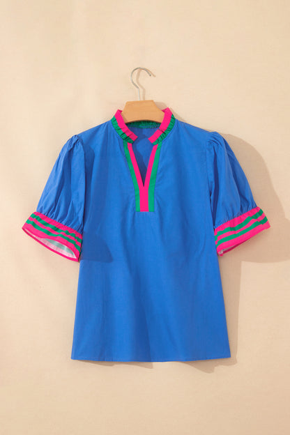 Blusa de manga corta con volantes, cuello con volantes a rayas azul cielo