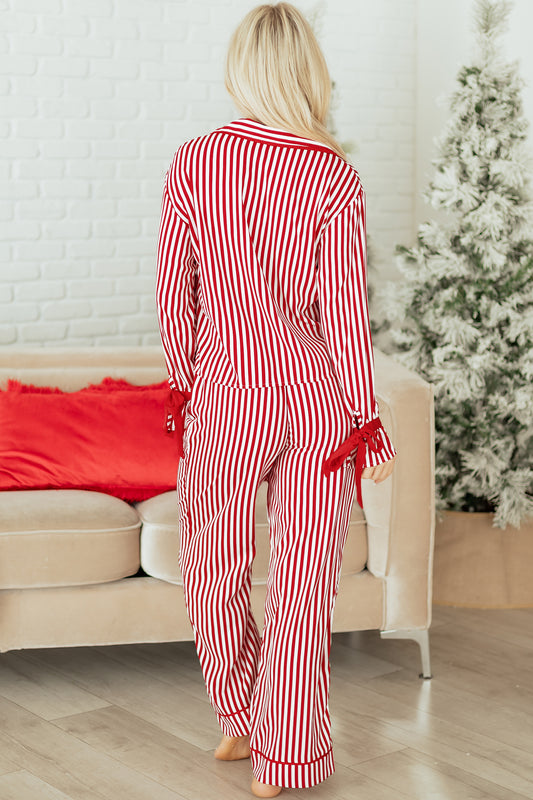 Red Stripe Contrast Velvet Trim Bow Knot Waist 2pcs Pajama Set - Snoopy's Closet