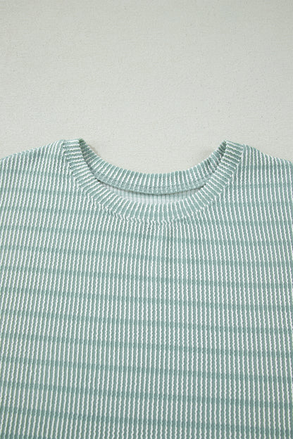 Green Stripe Raised Rib Loose Tee Drawstring Elastic Waist 2pcs Short Set