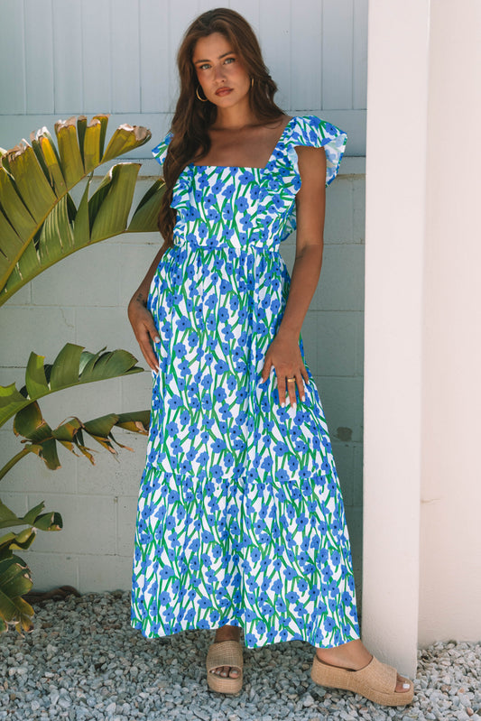 Vestido maxi azul con estampado floral, escote cuadrado y tirantes con volantes