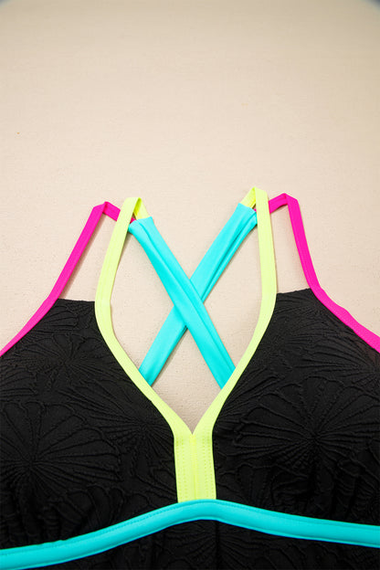 Black Floral Textured Neon Trim V Neck Crisscross Backless Tankini Set - Snoopy's Closet