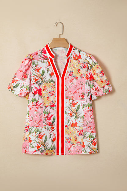 Pink Contrast Collared V Neck Short Sleeve Floral Blouse - Snoopy's Closet