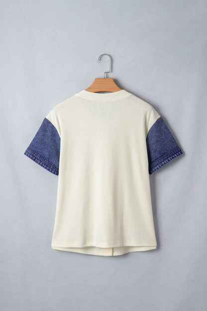 Beige Denim Patchwork Short Sleeve Ribbed Shirt