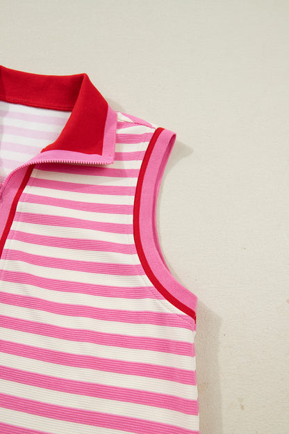 Sachet Pink Textured Stripe Print Contrast Trim Zip Collar Sleeveless 2pcs Skort Set - Snoopy's Closet