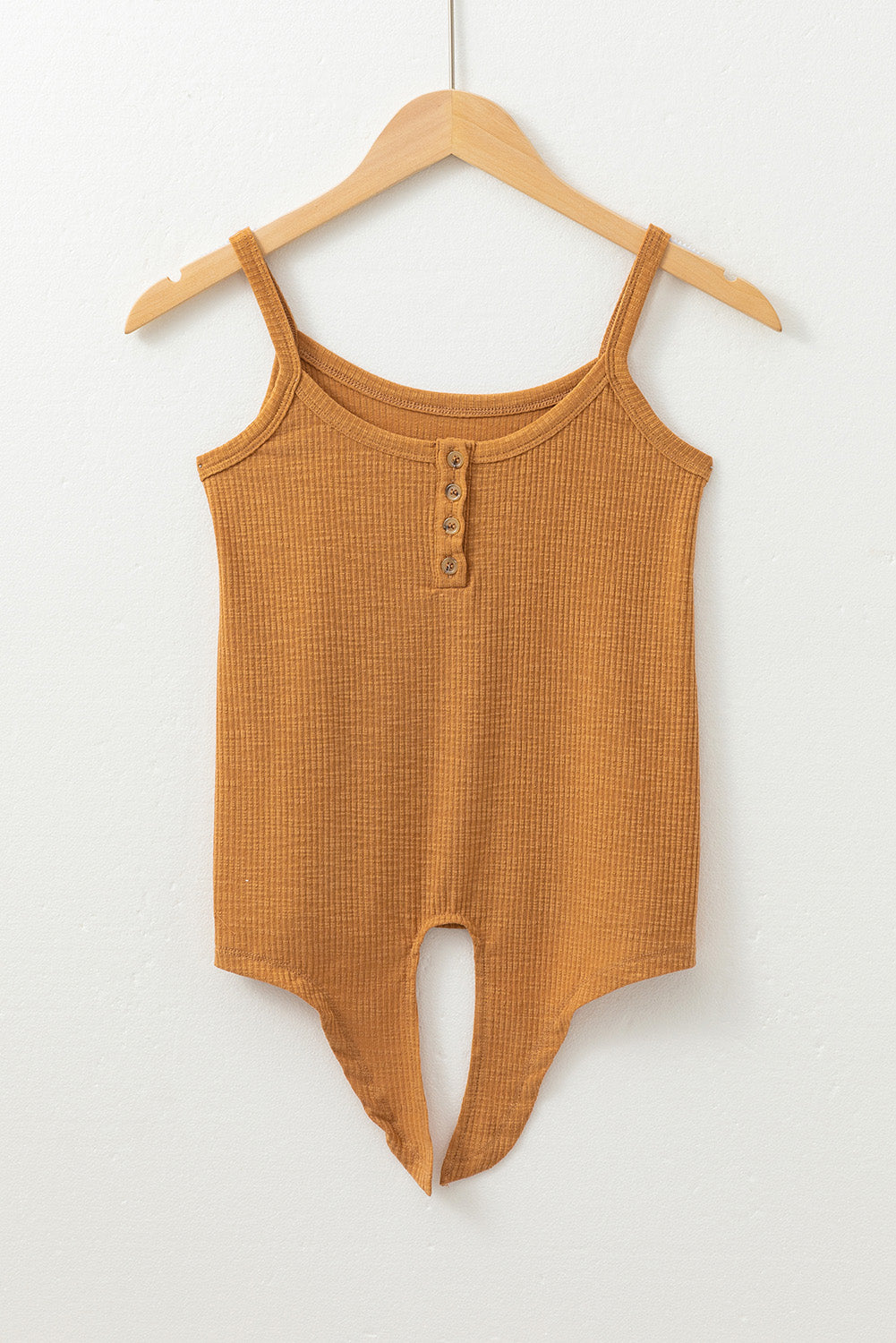 Straw Yellow Ribbed Front Knot Buttoned Thin Strap Tank Top - Snoopy's Closet