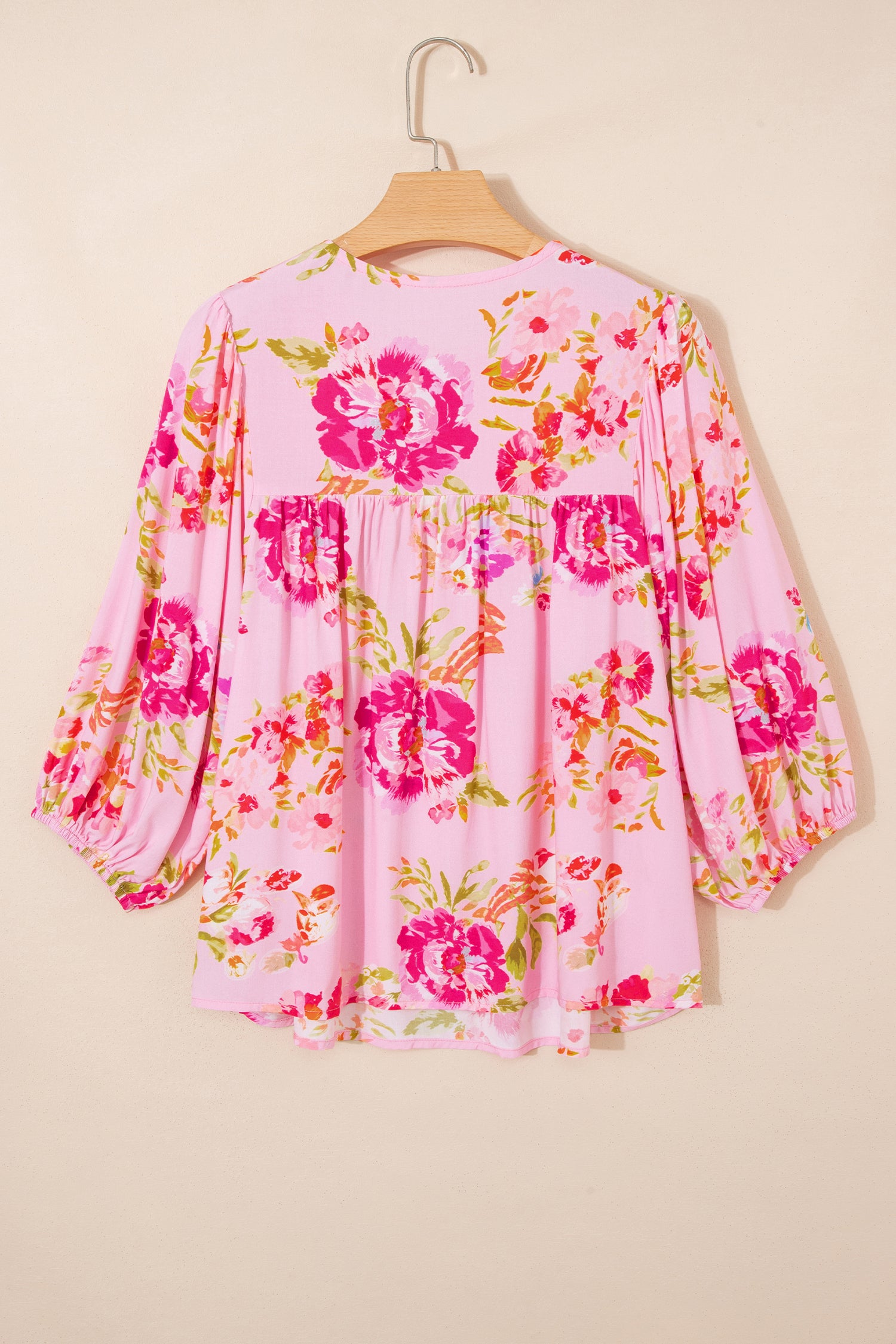 Pink Floral Print Tie Neck Puffy Half Sleeve Blouse - Snoopy's Closet