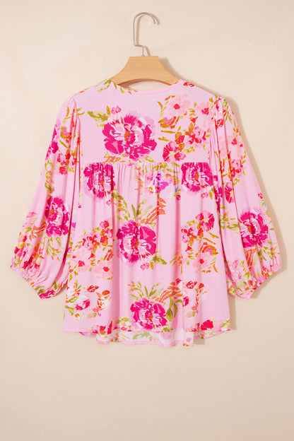 Pink Floral Print Tie Neck Puffy Half Sleeve Blouse - Snoopy's Closet