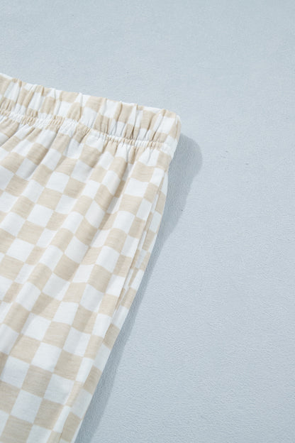 Conjunto de dos piezas de salón de camiseta de manga media y pantalones sueltos con estampado a cuadros en talla grande color caqui