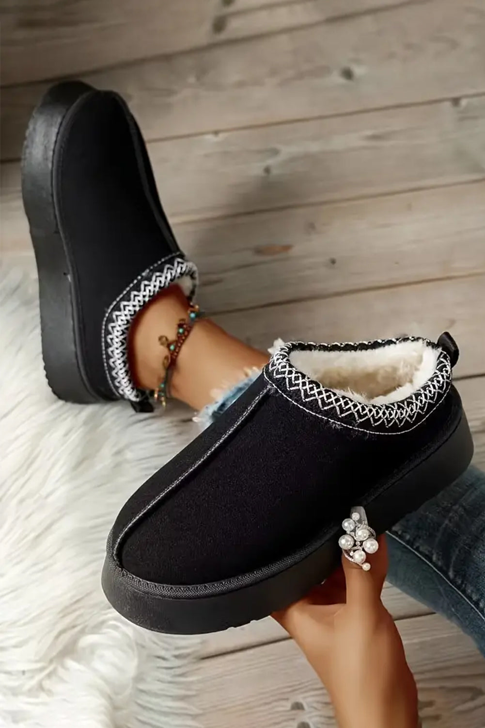 Chestnut Contrast Print Suede Plush Lined Snow Boots - Snoopy's Closet