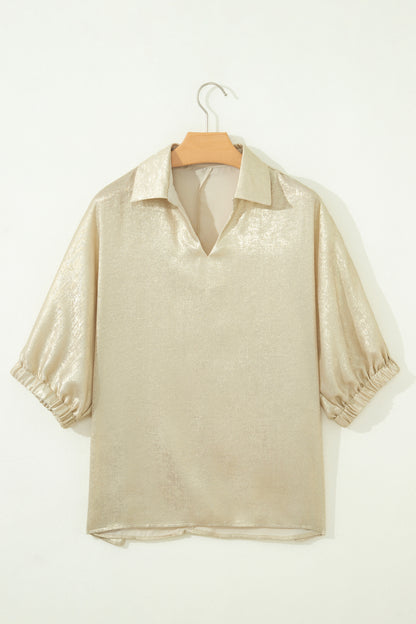 Top metálico beige de cuello y escote en V con media manga