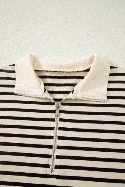 Black Stripe Ribbed Color Block Trim Zip Polo Tee Drawstring Shorts 2pcs Outfit - Snoopy's Closet