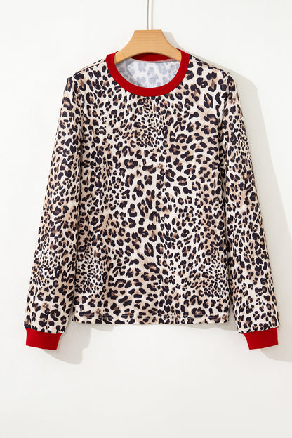 Brown Leopard Print Contrast Trim Round Neck Long Sleeve Top - Snoopy's Closet