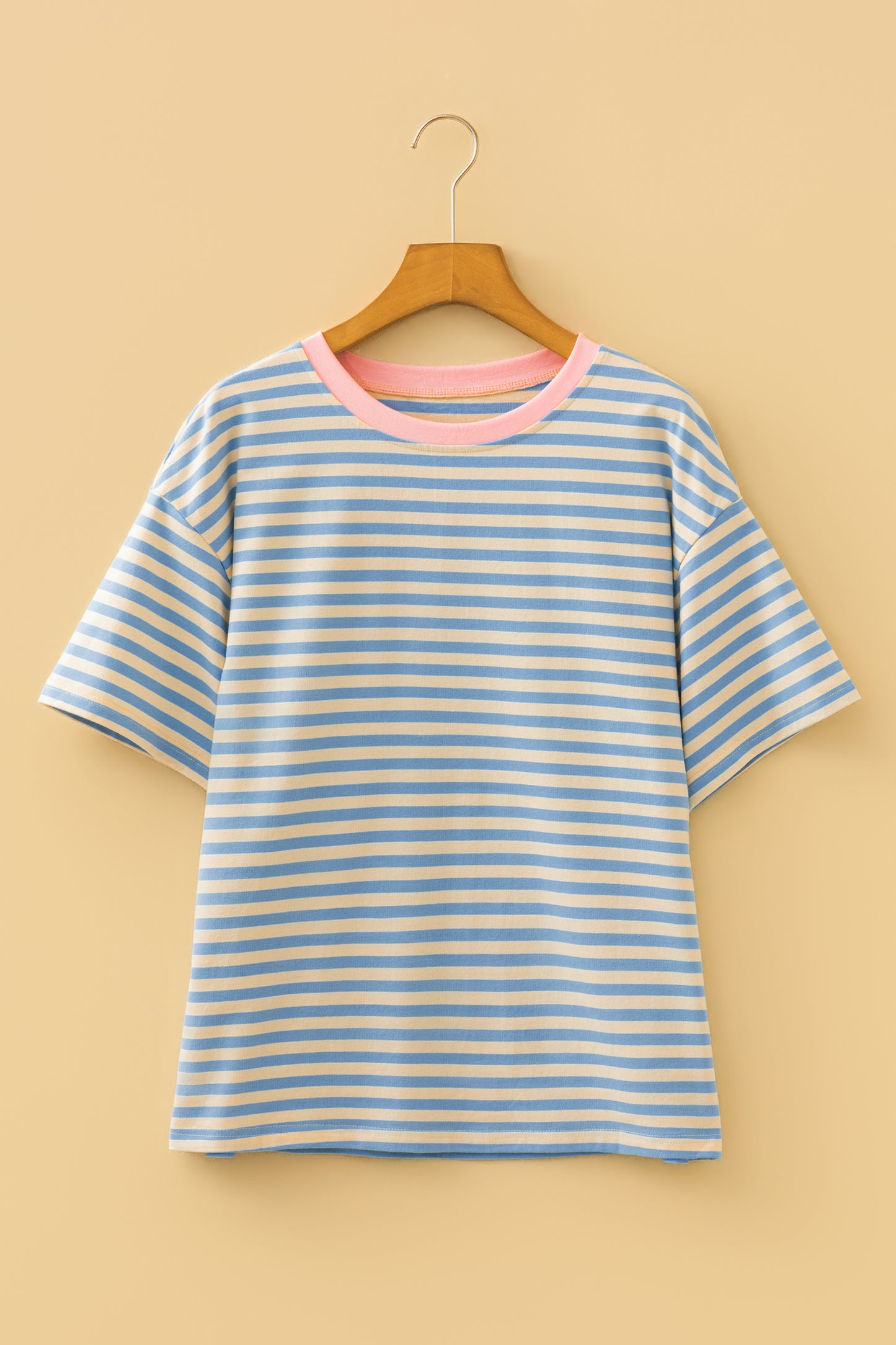 Sky Blue Stripe Contrast Crew Neck Drop Shoulder Loose Tee - Snoopy's Closet