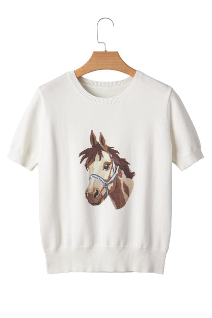 White Wild West Horse Head Printed Short Sleeve Sweater - Snoopy's Closet