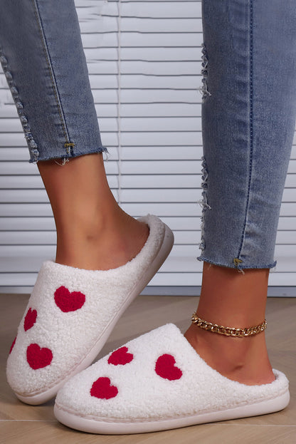 White Valentines Day Hearts Print Plush House Slippers - Snoopy's Closet
