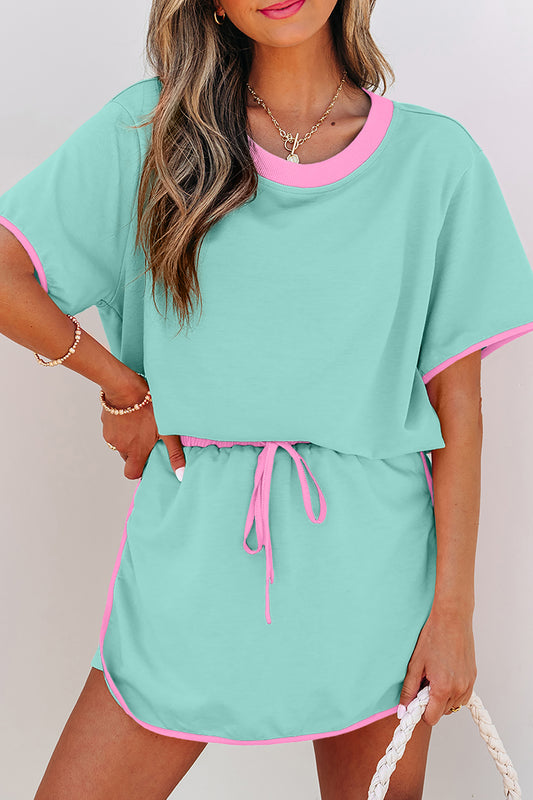 Set de 2 piezas de camiseta de hombros caídos con bloques de color Moonlight Jade y falda pantalón