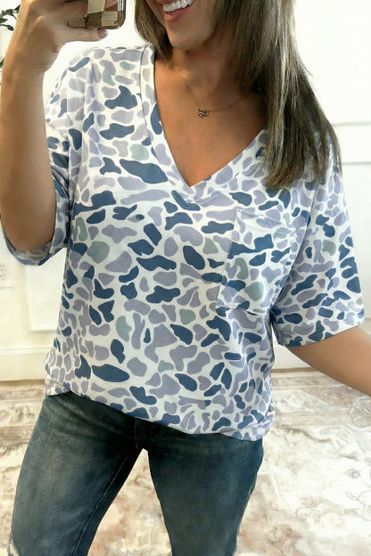 Gray Camouflage Print Single Chest Pocket V Neck Tee - Snoopy's Closet