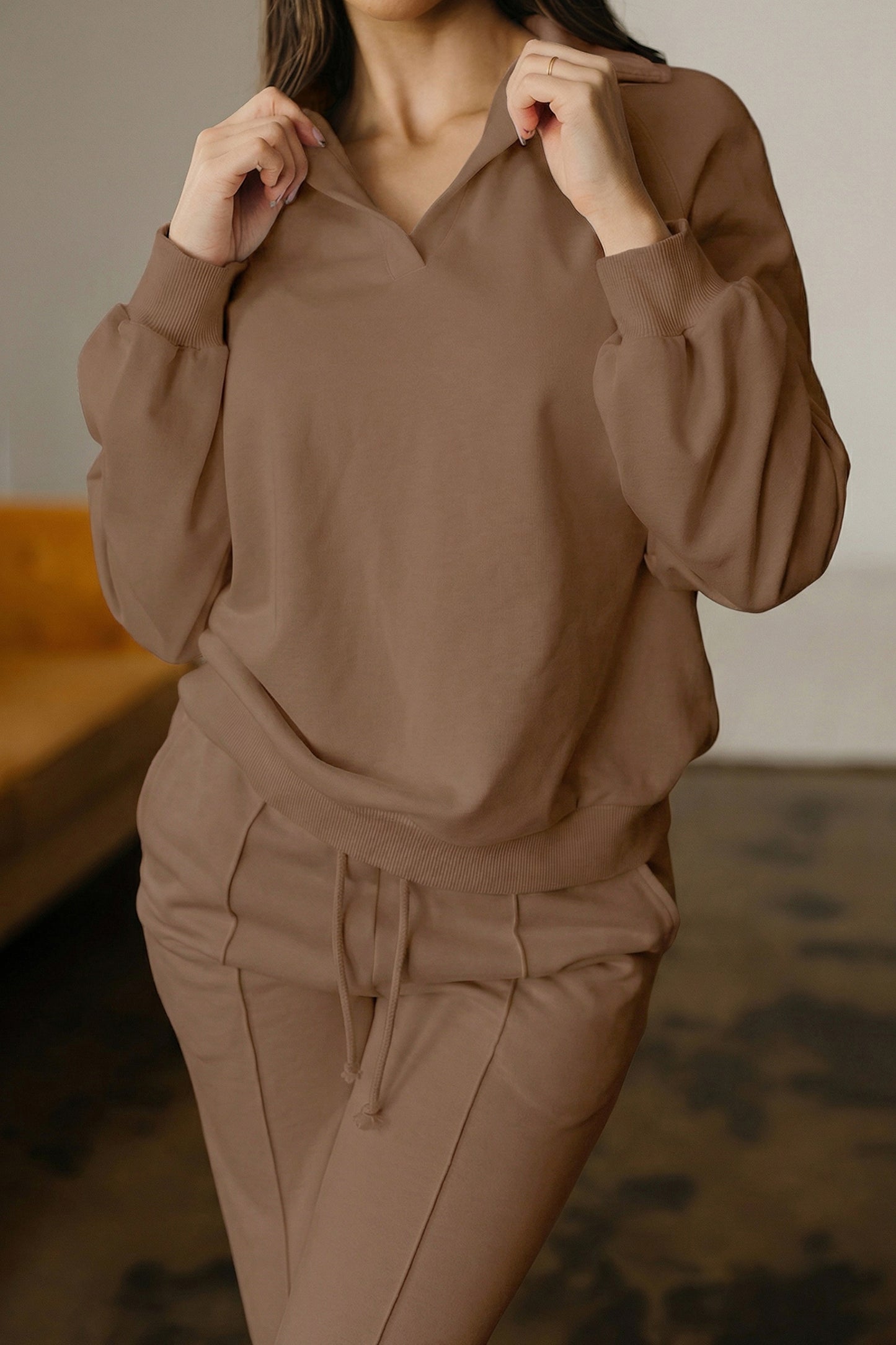 Dark Khaki Polo Collar V Neck Pullover and Drawstring Sweatpants Set - Snoopy's Closet