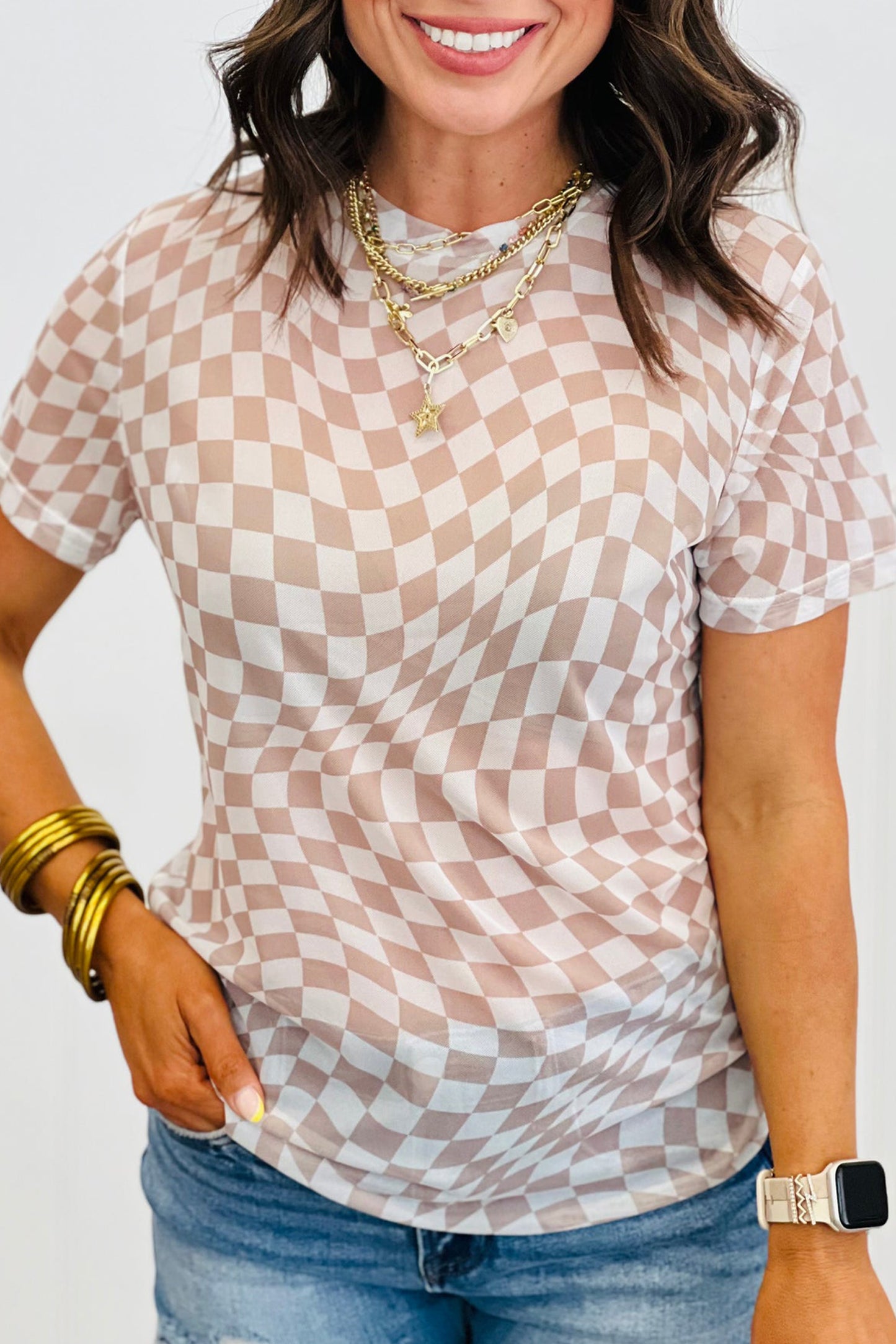 Khaki Checkered Print Crew Neck Mesh T Shirt - Snoopy's Closet