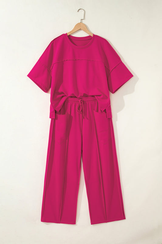 Conjunto de camiseta holgada con hombros caídos y pantalones tipo barril Rose Red