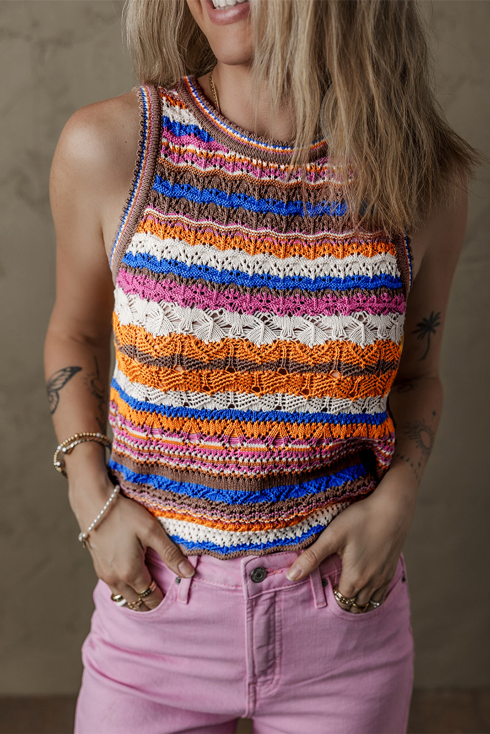 Dark Blue Striped Textured Knit Crew Neck Sweater Vest - Snoopy's Closet