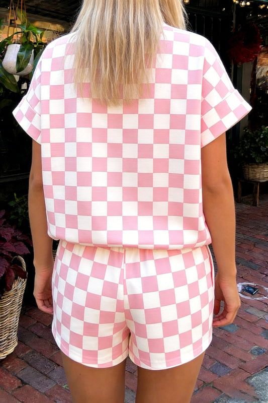 Pink Checkered Print Color Block Trim Mock Neck Short Set - Snoopy's Closet