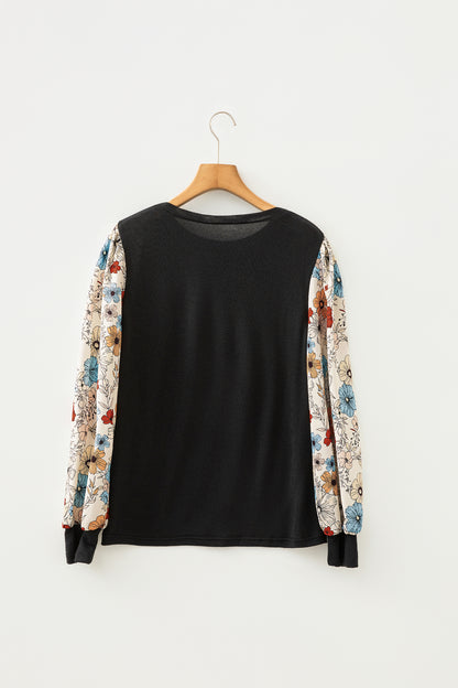 Apricot Flower Puff Sleeve Patchwork Top - Snoopy's Closet