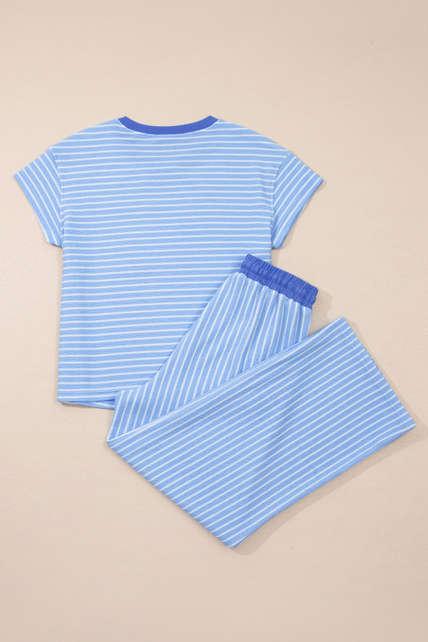 Sky Blue Stripe Crew Neck Tee Drawstring Waist Cropped Pants Set - Snoopy's Closet