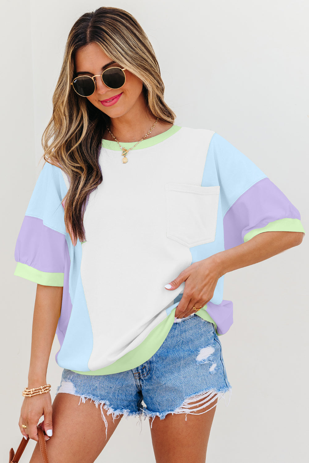 Purple Color Block Patchwork Half Sleeve Oversized T Shirt - Snoopy's Closet