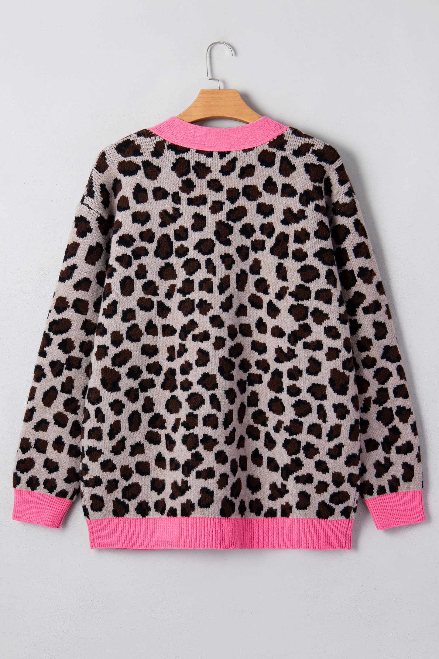Khaki Oversize Color Block Trim Button Down Leopard Print Cardigan - Snoopy's Closet