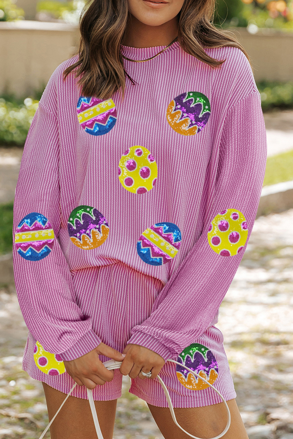Conjunto de shorts y top de manga larga con cordón y estampado gráfico de Phalaenopsis Easter Egg