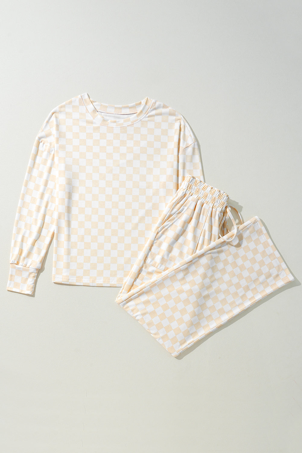 Beige Checkered Print Long Sleeve Top and Pants Lounge Set - Snoopy's Closet