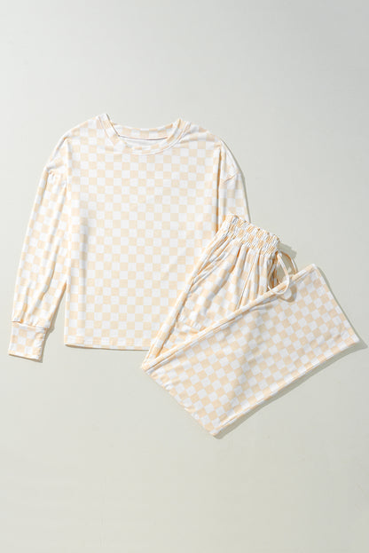 Beige Checkered Print Long Sleeve Top and Pants Lounge Set - Snoopy's Closet