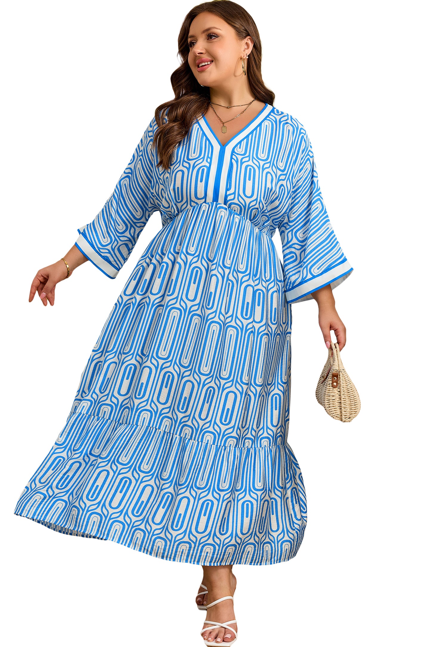 Vestido largo con estampado geométrico de talla grande en azul cielo con ribete en contraste y cuello en V de manga pulsera