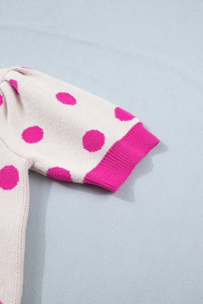 Pink Polka Dot Puff Short Sleeve Sweater Top