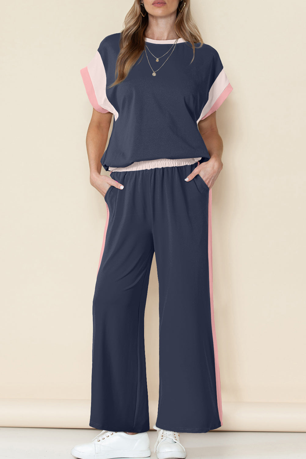 Navy Blue Color Block Detail Casual Two-piece Set - Snoopy's Closet