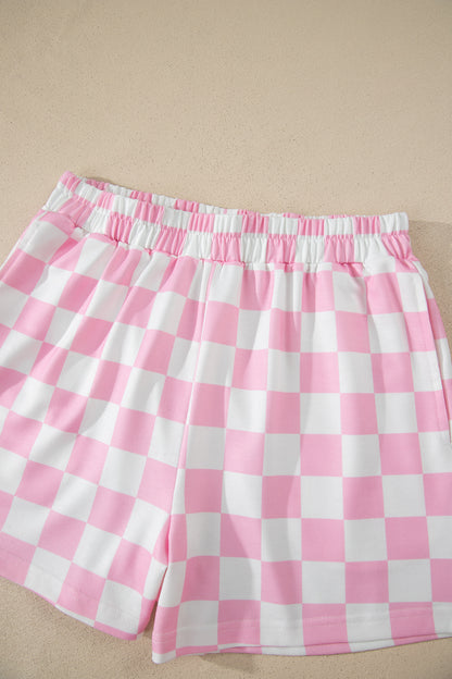 Pink Checkered Print Color Block Trim Mock Neck Short Set - Snoopy's Closet