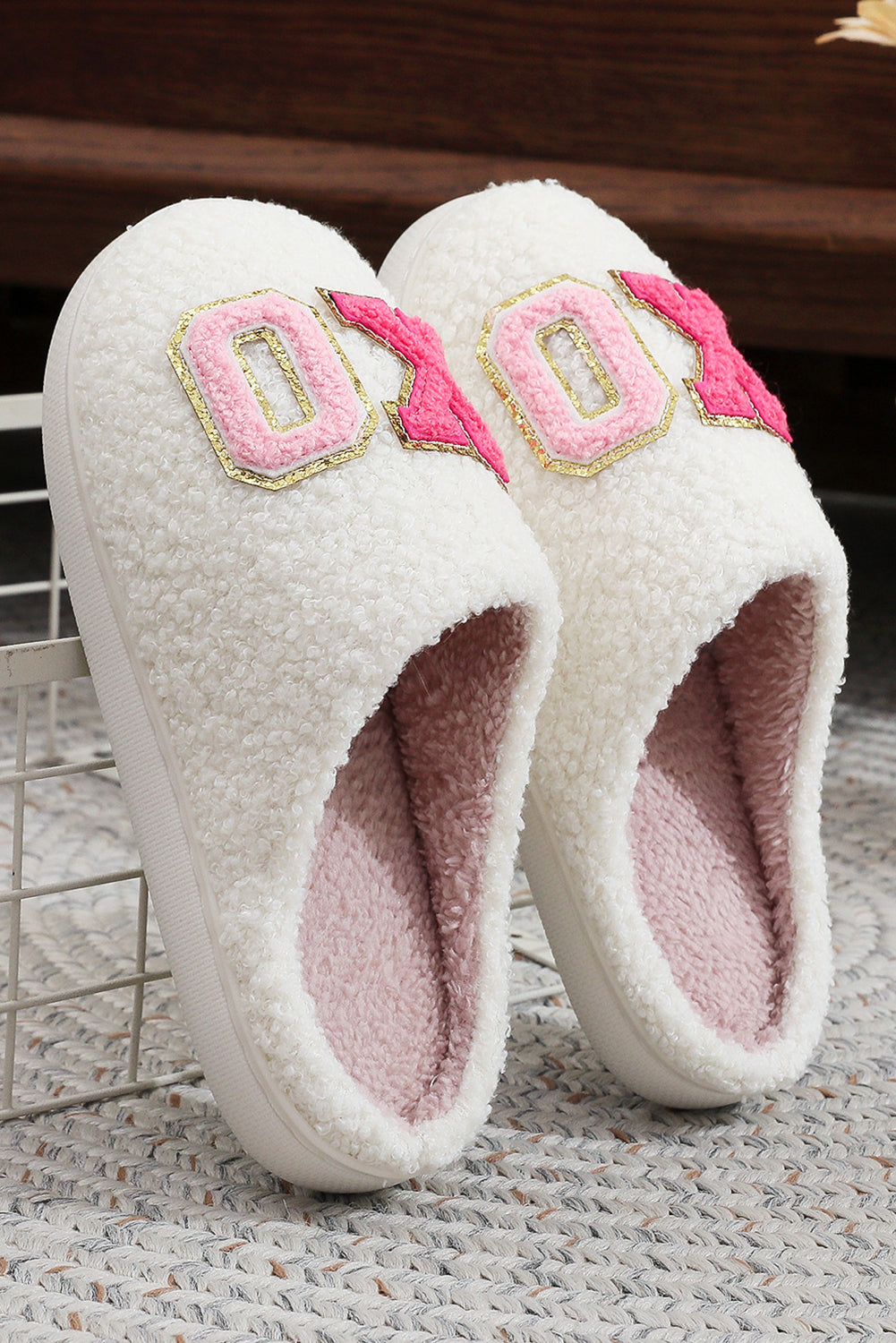 Pink XO XO Glitter Trim Letter Patched Plush House Slippers - Snoopy's Closet