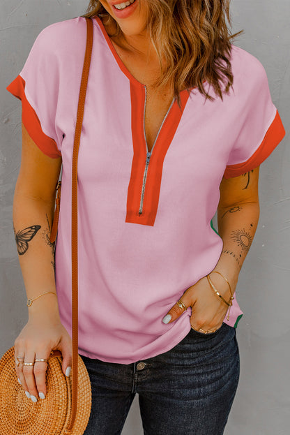 Rose Red Contrast Trim Color Block Front Zipped T Shirt - Snoopy's Closet