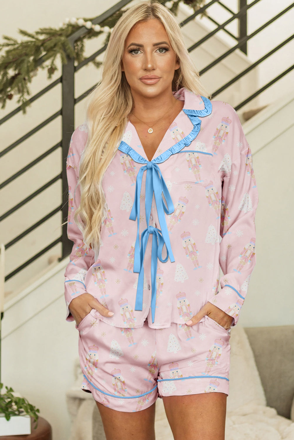 Pink Bow Tie Front Christmas Nutcracker Long Sleeve Shirt Shorts Pajama Set - Snoopy's Closet