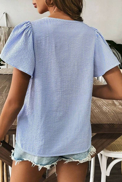 Sky Blue Stripe Textured Ruffle Short Sleeve Boho Detail Square Neck Blouse - Snoopy's Closet
