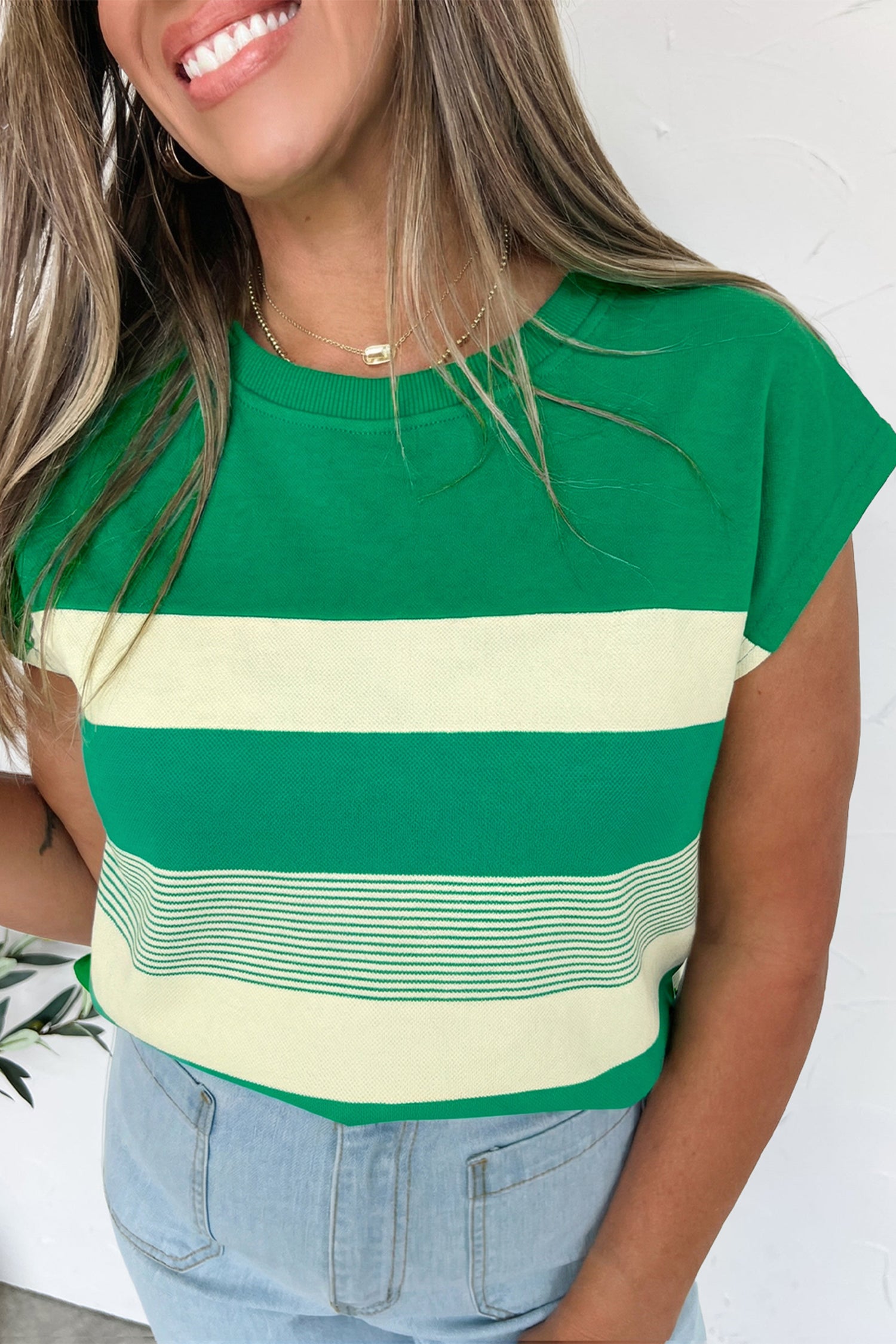 Green Stripe Mixed Print Crew Neck Cap Sleeve T Shirt - Snoopy's Closet