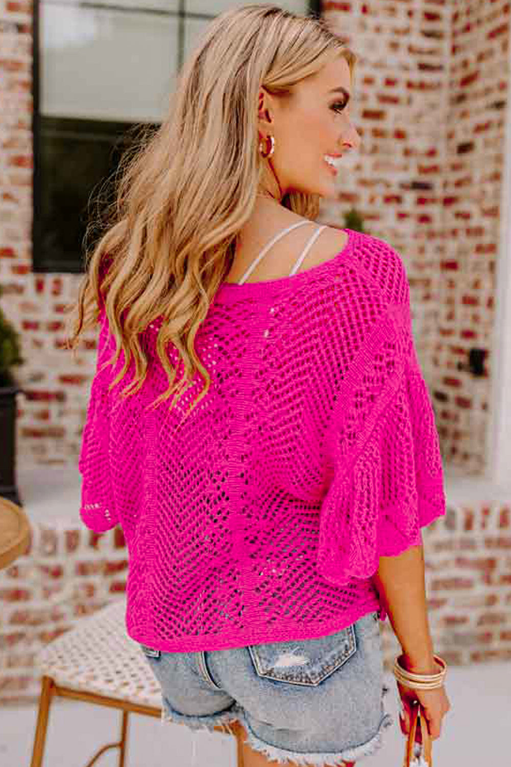 Rose Red Pointelle Knit Scallop Edge Short Sleeve Top - Snoopy's Closet