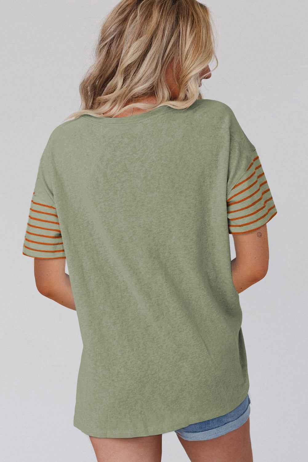 Tan Color Block Striped Detail Loose T Shirt
