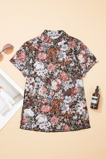 Brown Floral Print High Neck Short Sleeve Mesh Top - Snoopy's Closet