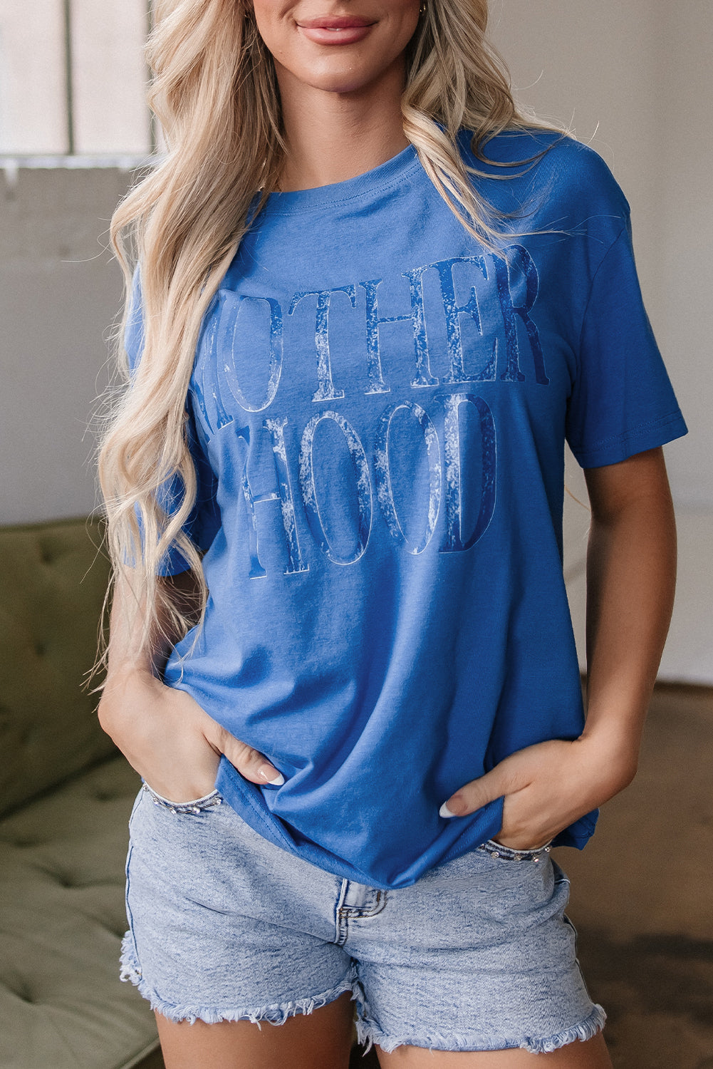 Sky Blue Vintage MOTHERHOOD Letter Graphic T Shirt - Snoopy's Closet