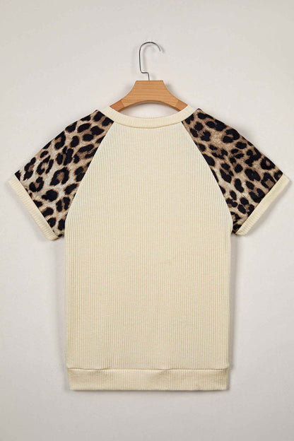 Apricot Ribbed Color Block Leopard Contrast Sleeve Loose Tee