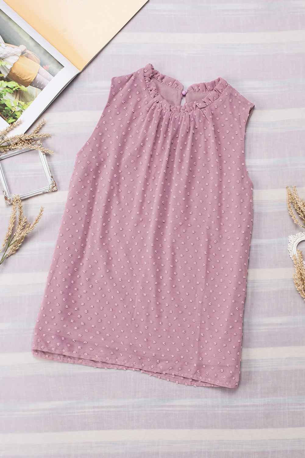 Pink Swiss Dot Sleeveless Ruffle Tank