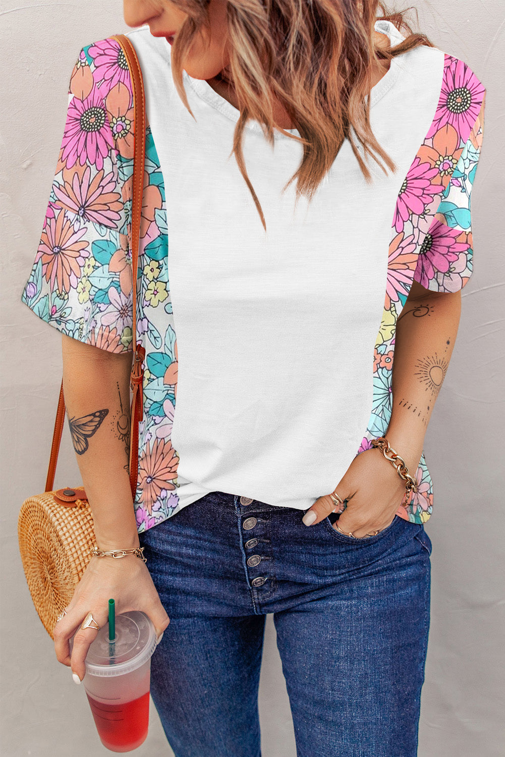 White Floral Print Patchwork Short Sleeve Top - Snoopy's Closet