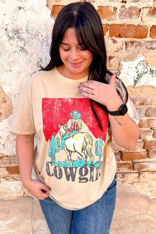 Camiseta Vaquera Color Caqui con Gráfico de Rodeo Estilo Western